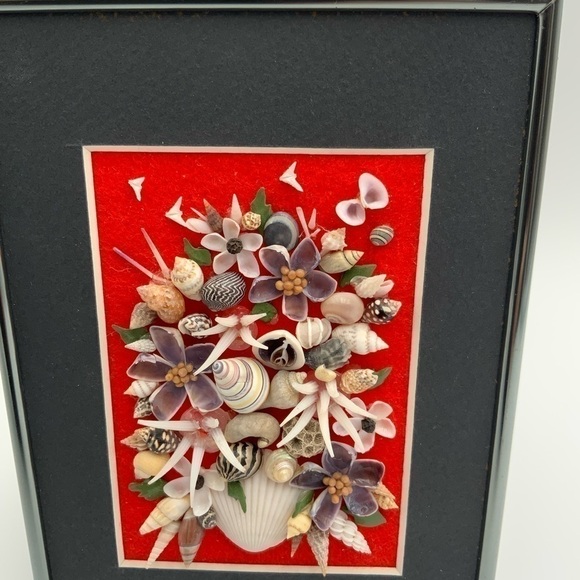 Handmade MCM Art Framed Floral Picture from SHELLS Seashells  7” X 5” - Picture 5 of 7